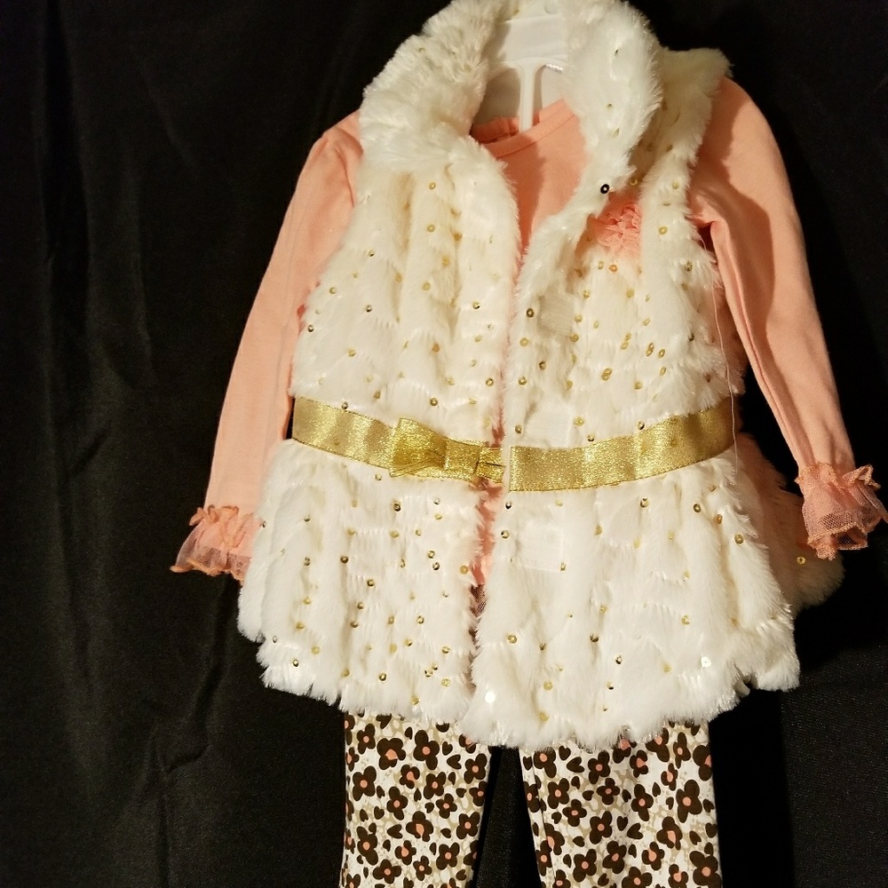 Toddler 3 piece pants, shirt, with faux fur vest